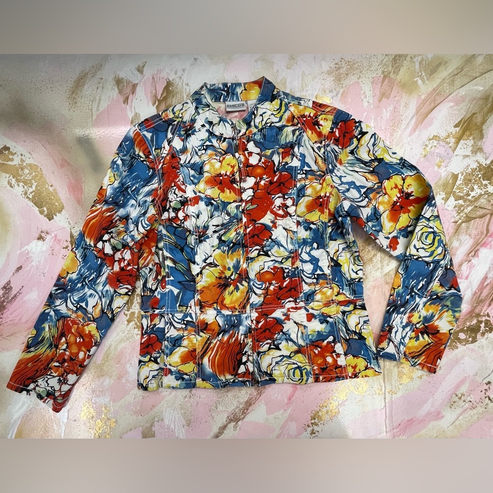 Chico’s  Blue Orange And Yellow Floral Cotton Zip Jacket Size 1/ M